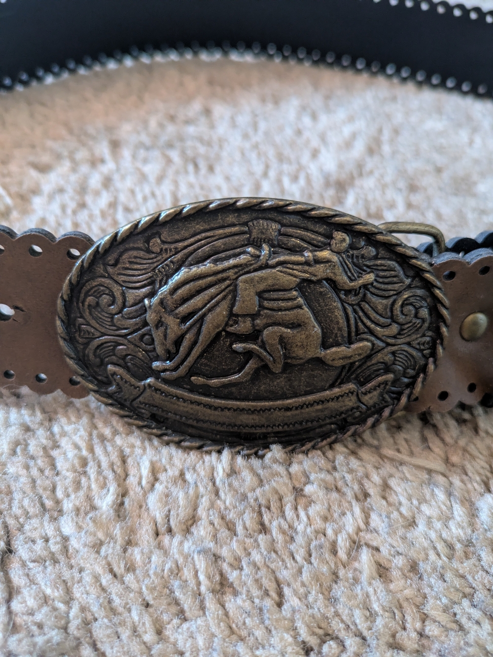 Vintage Western Bucking Bronco Belt Scalloped Edge Brown Size S